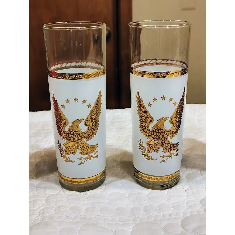 Vintage Set 6 Federal Glass Patriotic Tom Collins Glasses Red White Blue Gold